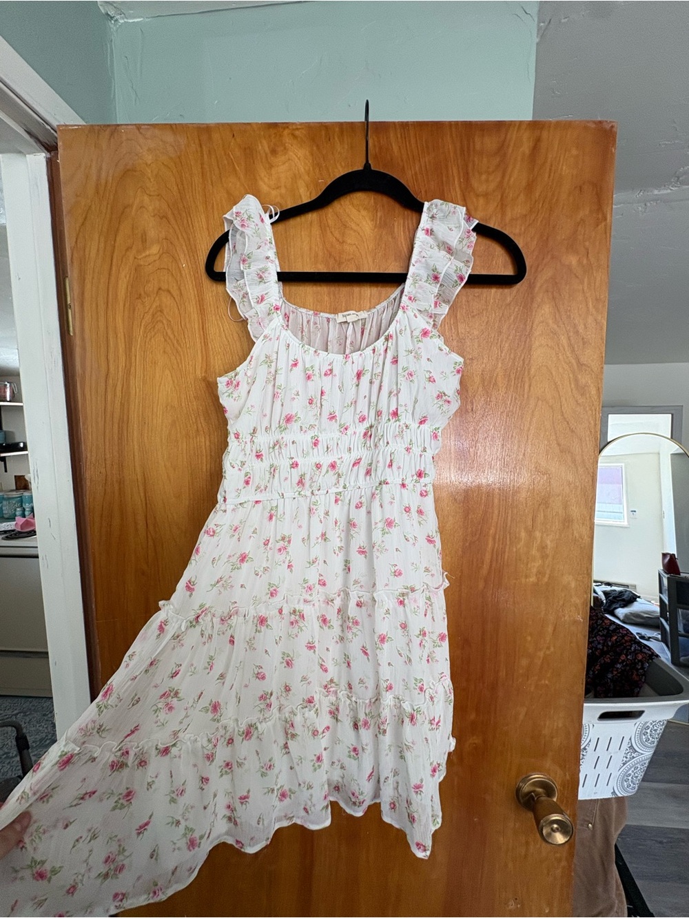 White Floral Ruffle Mini Dress - Pink Rose Print